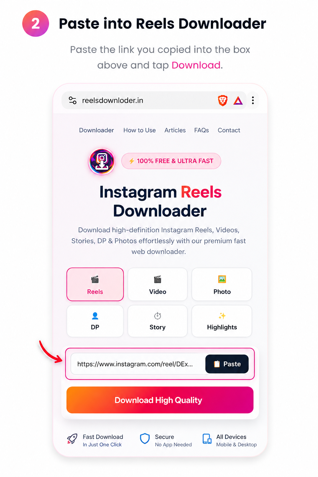 Paste link into Reels Downloader